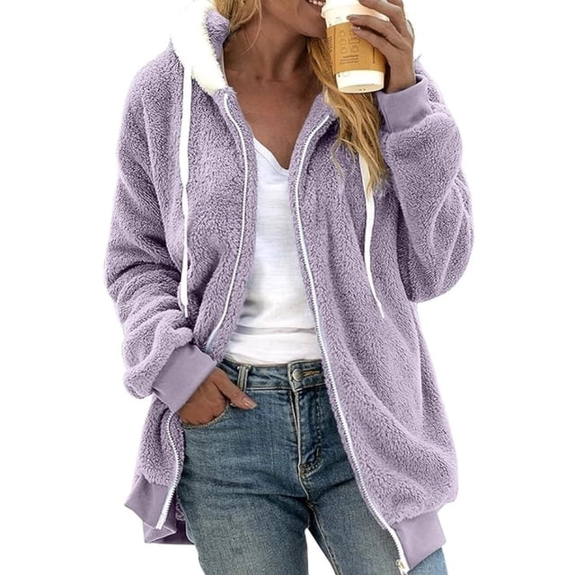 TQWQT Fleece Coats for Women Faux Fur Jacket Coat Fuzzy Fleece Jacket Plus Size Zip Up Drawstring Sweatshirt Oversized Light Blue S