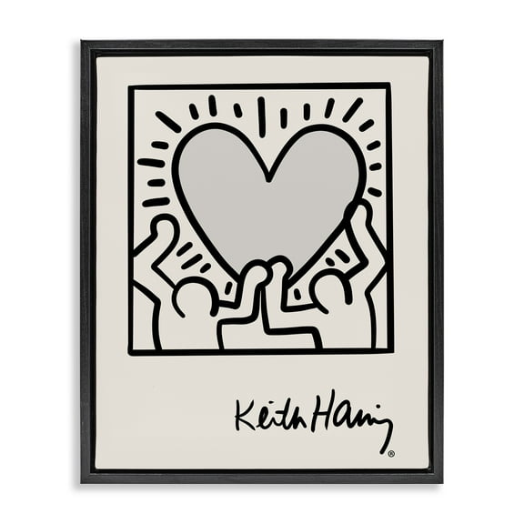 Stupell Industries Classic Heart Symbol Keith Haring Abstract Painting Black Floater Framed Canvas Art Print Wall Art, 17 x 21