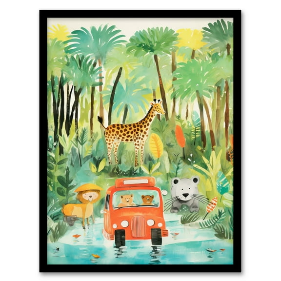 Jungle Safari Adventure Animals Kids Bedroom Nursery Giraffe Lion Watercolour Artwork Art Print Framed Poster Wall Decor 12x16 inch