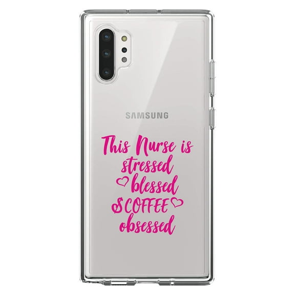 DistinctInk Clear Shockproof Hybrid Case for Galaxy Note 10 PLUS (6.8" Screen) - TPU Bumper Acrylic Back Tempered Glass Screen Protector - Nurse Is Stressed Blessed & Coffee Obsessed - Pink