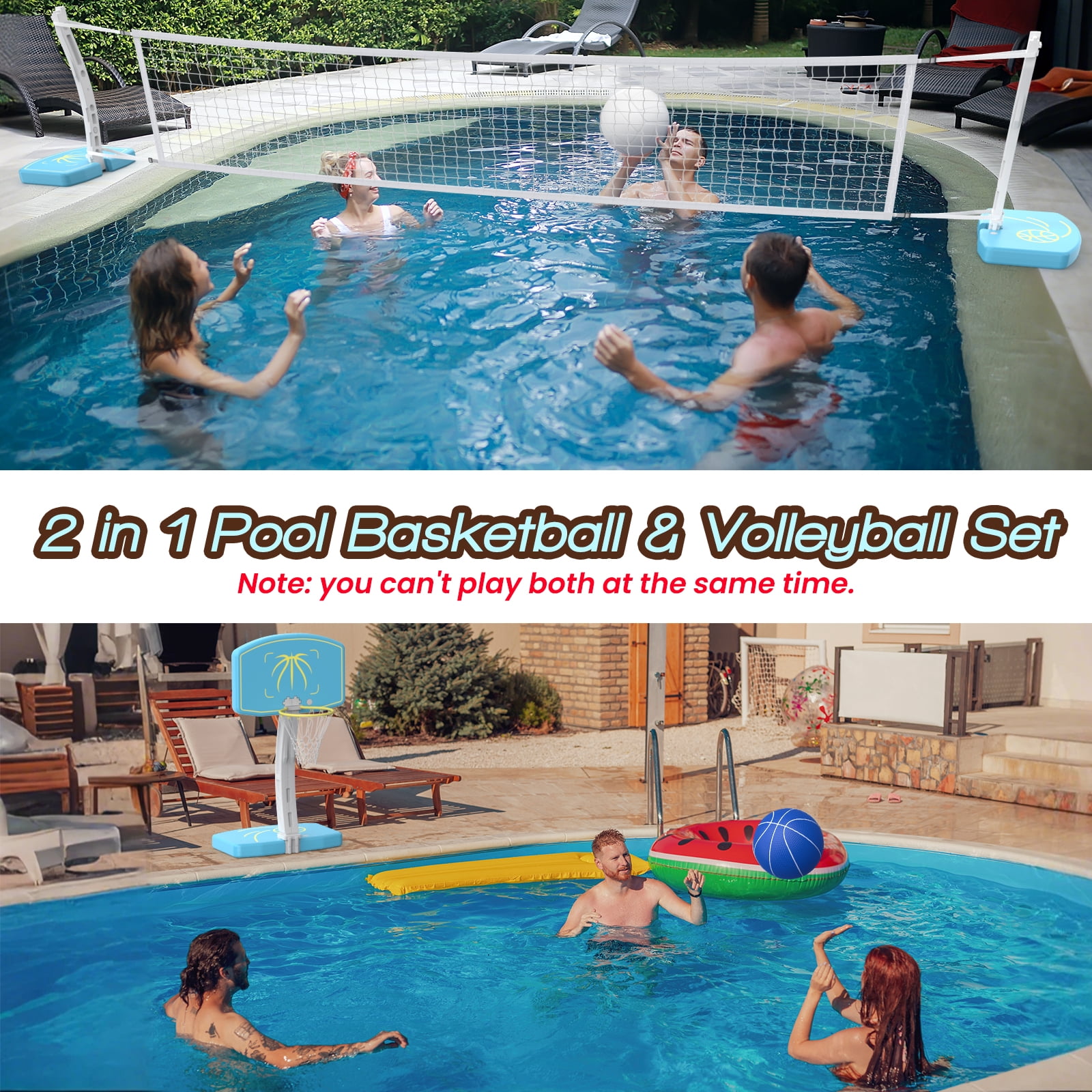 COLIKES Pool Basketball Hoop Poolside and Volleyball Set 2-in-1,  Adjustable Volleyball Net for Pool, Water Basketball Goal, Sports Toy Games for Adults, Teens, Inground, Swimming
