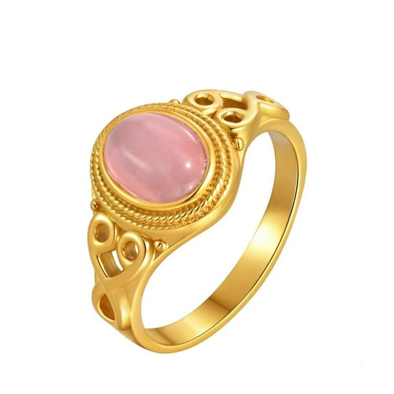 HIJONES Women's Stainless Steel Oval Opal Gemstone Hollow Engraved Signet Ring Charming Promise Jewelry Pink Stone Size 7