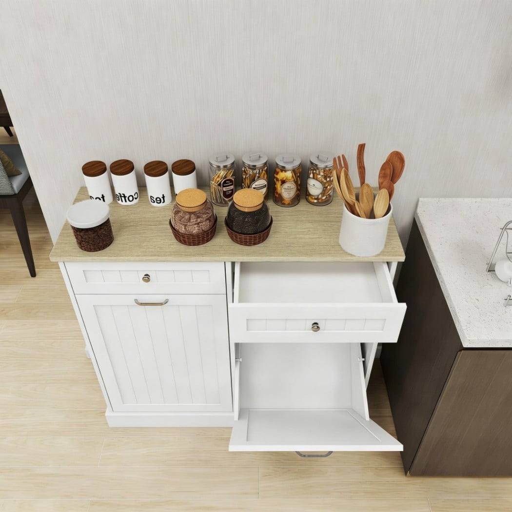Trash Cabinet with 2 Tilt-Out Compartments and 2 Drawers, Kitchen Trash Can Cabinet with Storage, White Freestanding Garbage Cabinet