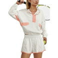thumbnail image 5 of Workout Sets for Women 2 Piece Outfits Long Sleeve Button Up Lapel Blouse with Shorts White Activewear, 5 of 7
