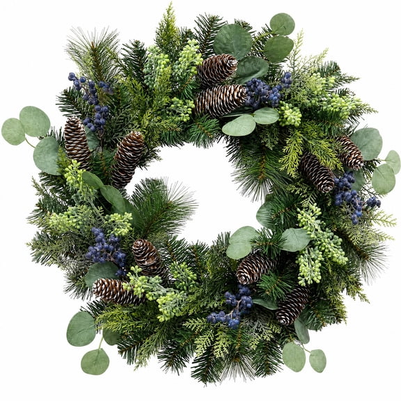 24 Inch Pre‑Lit Christmas Wreath for Front Door, PVC Artificial Wreath with Blue Berries, Pinecones & Eucalyptus Leaves, 8 Light Modes Timer Function, Xmas Wall Mantel Porch Holiday Decor