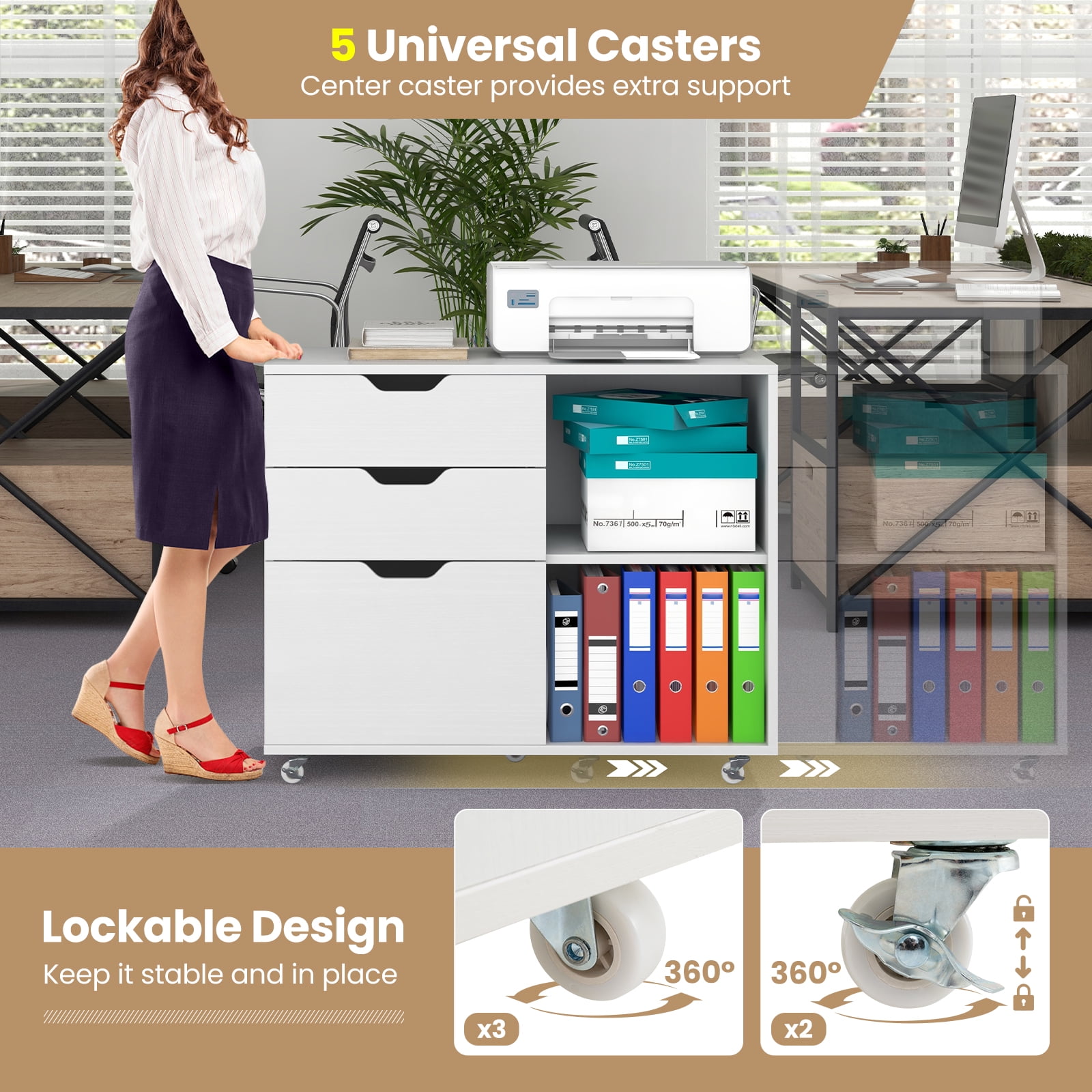 Giantex Rolling File Cabinet, Lateral Filing Cabinet w/Open Storage Shelves, Under Desk Storage Organizer, Mobile Printer Stand, White
