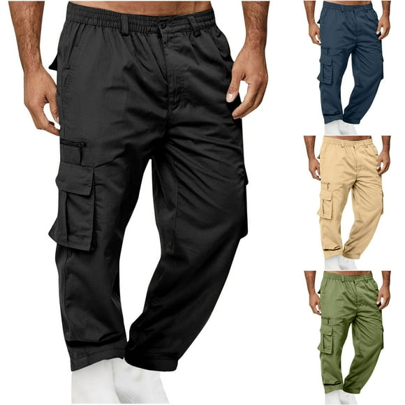 CFLVAEK Tactical Pants for Men Big and Tall Elastic Waist Cargo Hiking Pants with Pockets Loose Fit Casual Wide Leg Workout Trousers Army Green M