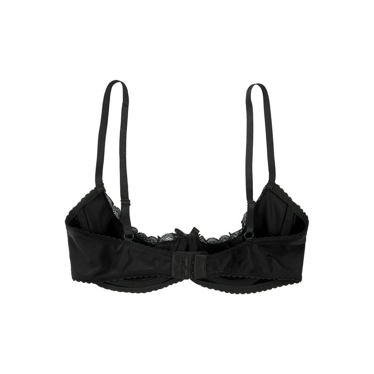 DPOIS Women's Lace Trim 1/4 Cup Push Up Underwired Padded Bra Black L 