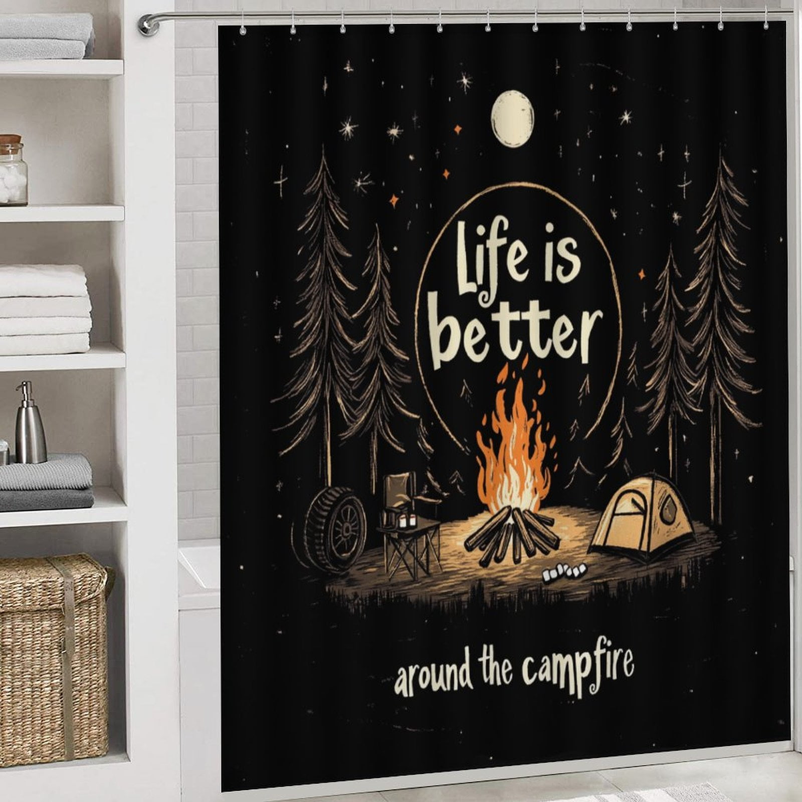 4 Piece Bathroom Shower Curtain Sets with Rugs Include Waterproof Shower Curtain Non-Slip Rug Toilet Lid Cover Bath Mat Life Is Better Around The Campfire Durable and Waterproof Forest Wildlife