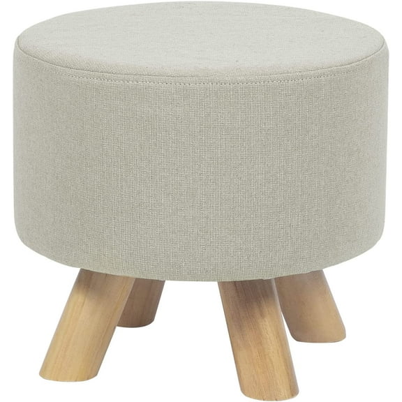 Modern Round Ottoman Foot Rest Stool/Seat Pouf Ottoman with Linen Fabric and Non-Skid Wooden Legs (Beige)