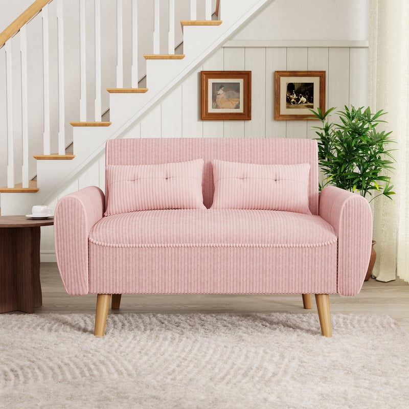 Walsunny Small Modern Loveseat Sofa, Upholstered Fabric Love Seat with Linen Cushions, Compact and Stylish for Small Spaces, Living Room, Bedroom, Office,Pink