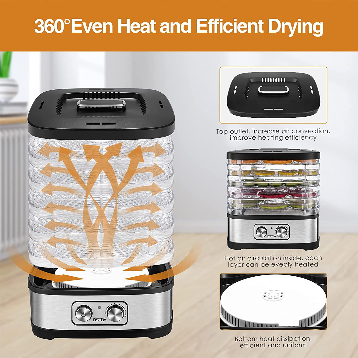 OSTBA Food Dehydrator Machine Adjustable Temperature & 72H Timer, 5-Tr