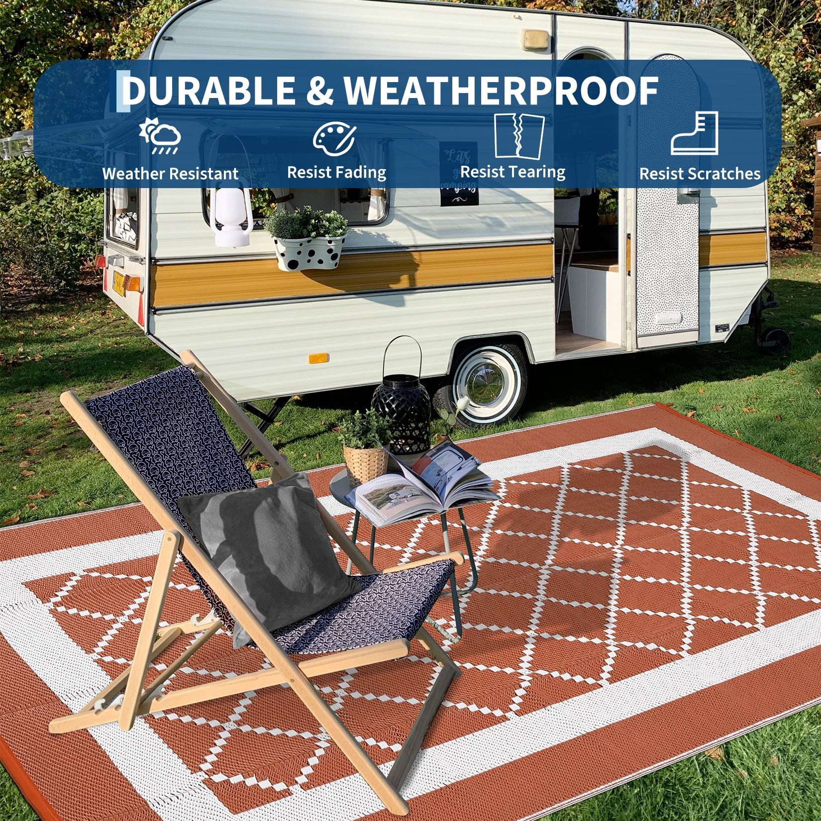 Garvee Outdoor Rug 8'x10' Waterproof Rug for Patios, Reversible Plastic Straw Rug Camping Carpet Mats for RV, Picnic, Backyard, Balcony, Porch, Beach, Orange