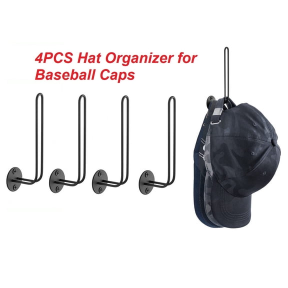 Set of 4 Hat Organizer Rack for Baseball Caps Sturdy Metal Hooks Holds 40 Caps, L -Shaped Wall Mount Hat Storage Hanger Holder Space Saving for Door Closet Bedroom Living Room, Black