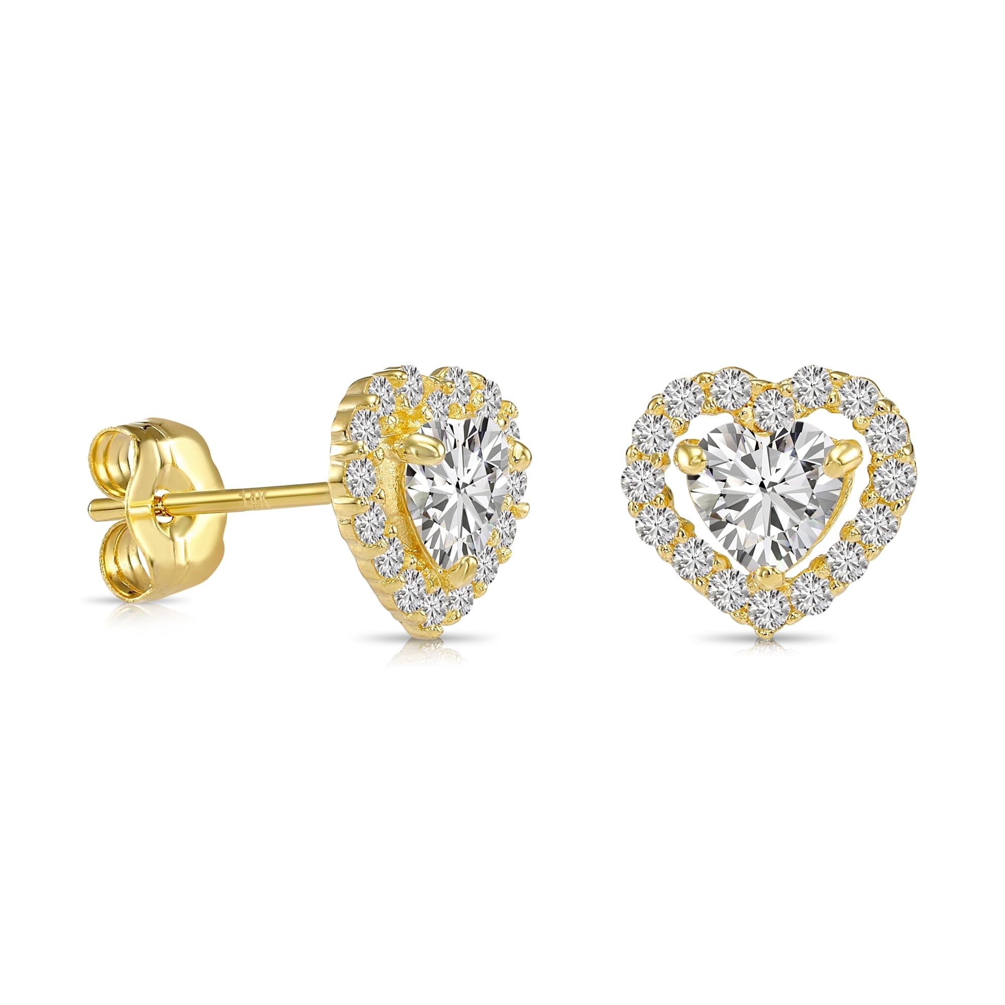 Tilo Jewelry 14K Yellow Gold Heart Halo Stud Post Earrings with Cubic Zirconia CZ Stones | Secure Push-Backs | Classic Everyday Earrings for Women & Unisex