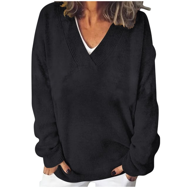 tarylea Oversized Tops for Women V Neck Ribbed Knitted Pullover Long Sleeve Solid Color Tops Casual Loose Shirts