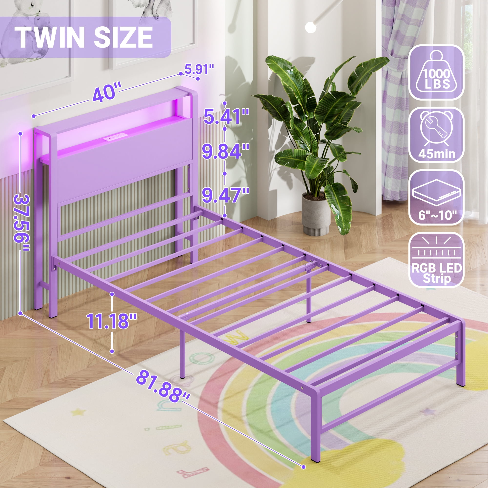 Yoneston Power Outlet LED Light Twin Metal Platform Bed Frame with 2-Tier Storage USB Charging Station Headboard for Kids Girls Teens Child, Purple