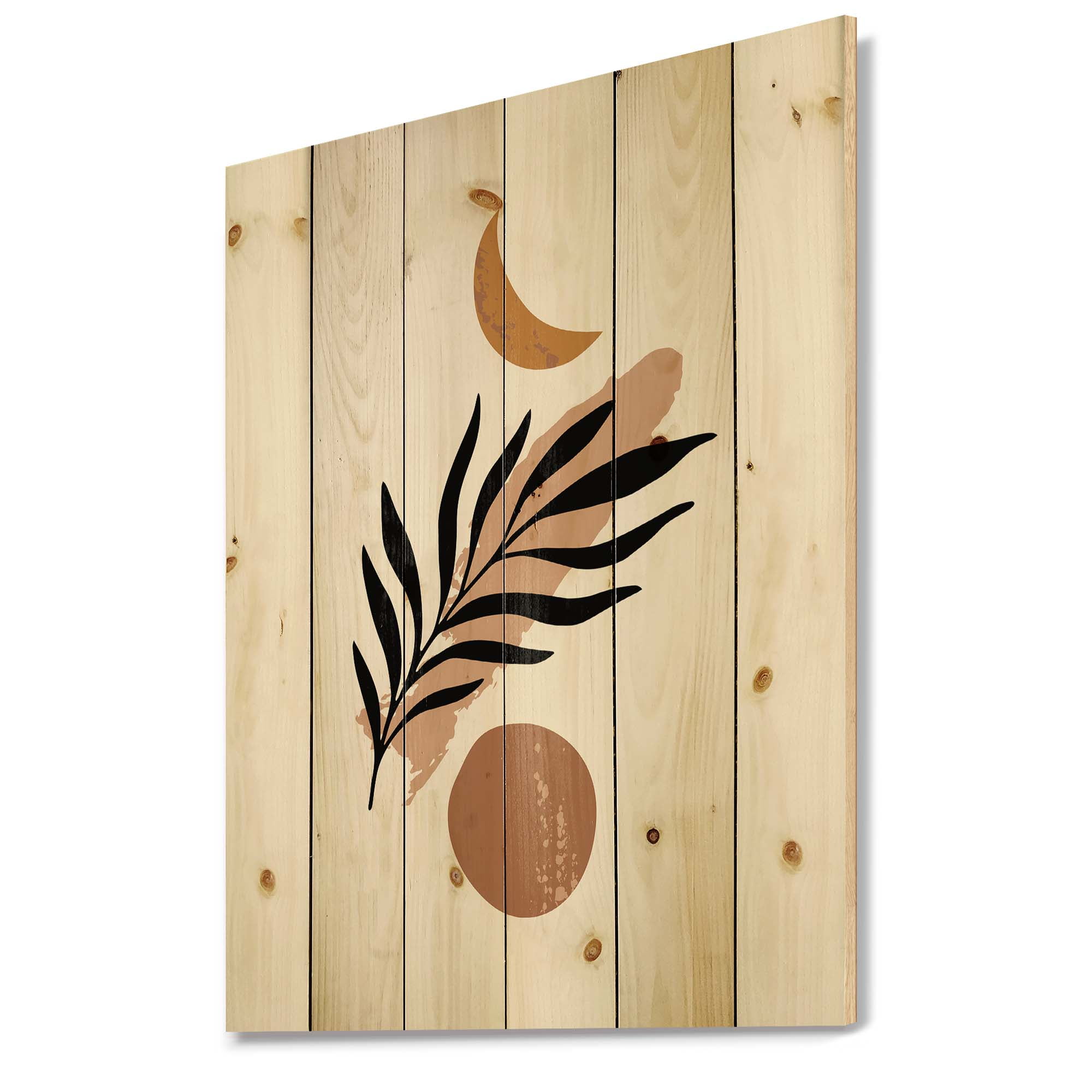 Designart 'Abstact Tropical Palm Leaf, Minimal Sun And Moon I' Modern Print on Natural Pine Wood