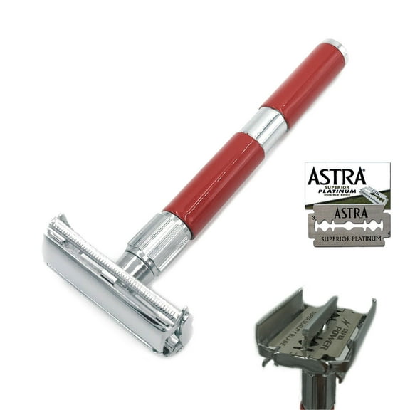 ZEVA LONG HANDLE DE SAFETY RAZOR BUTTERFLY OPENING FOR MEN   5 ASTRA BLADES RED
