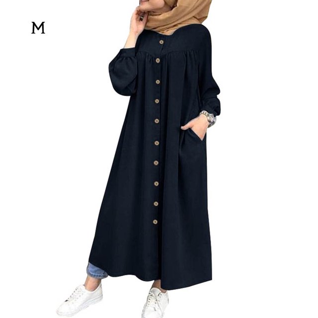 Vestido camisero Mujer Manga larga Bolsillo con botones Vestido de color sólido, Azul oscuro, M AweSitey AP001453-34B