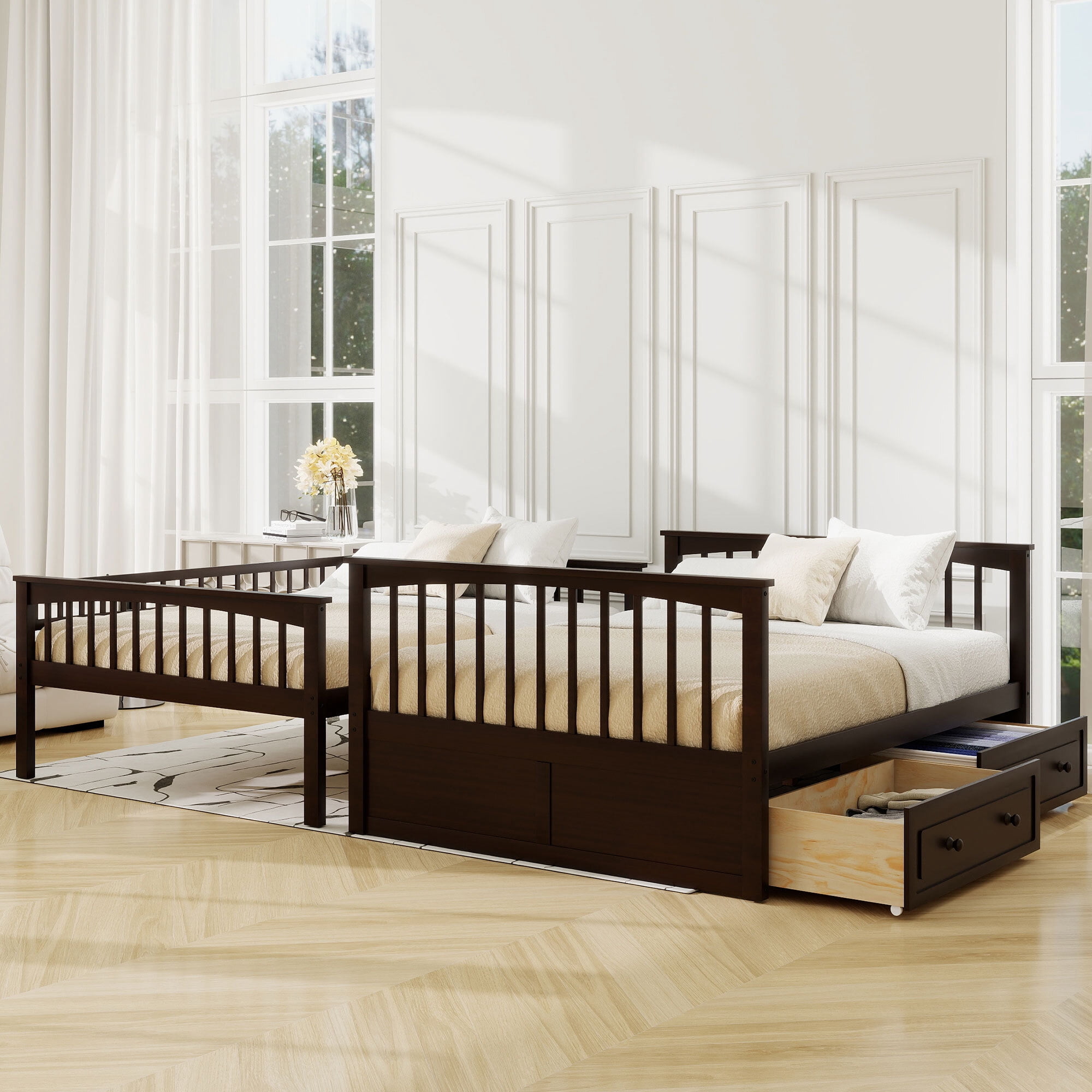 Euroco Full over Full Bunk Bed with Drawers, Convertible into Two Bes, Espresso