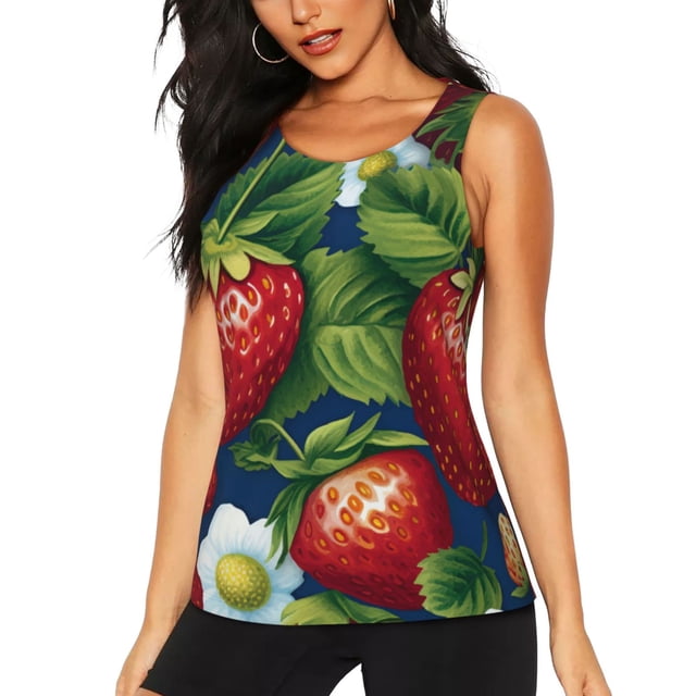 Fotbe Strawberry2 Blusas Sin Mangas para Mujer – Estilo Casual, Corte Suelto, Slim-Fit, Cuello Redondo Deportivo, Tops de Verano para Gimnasio y Yoga-XX-Large