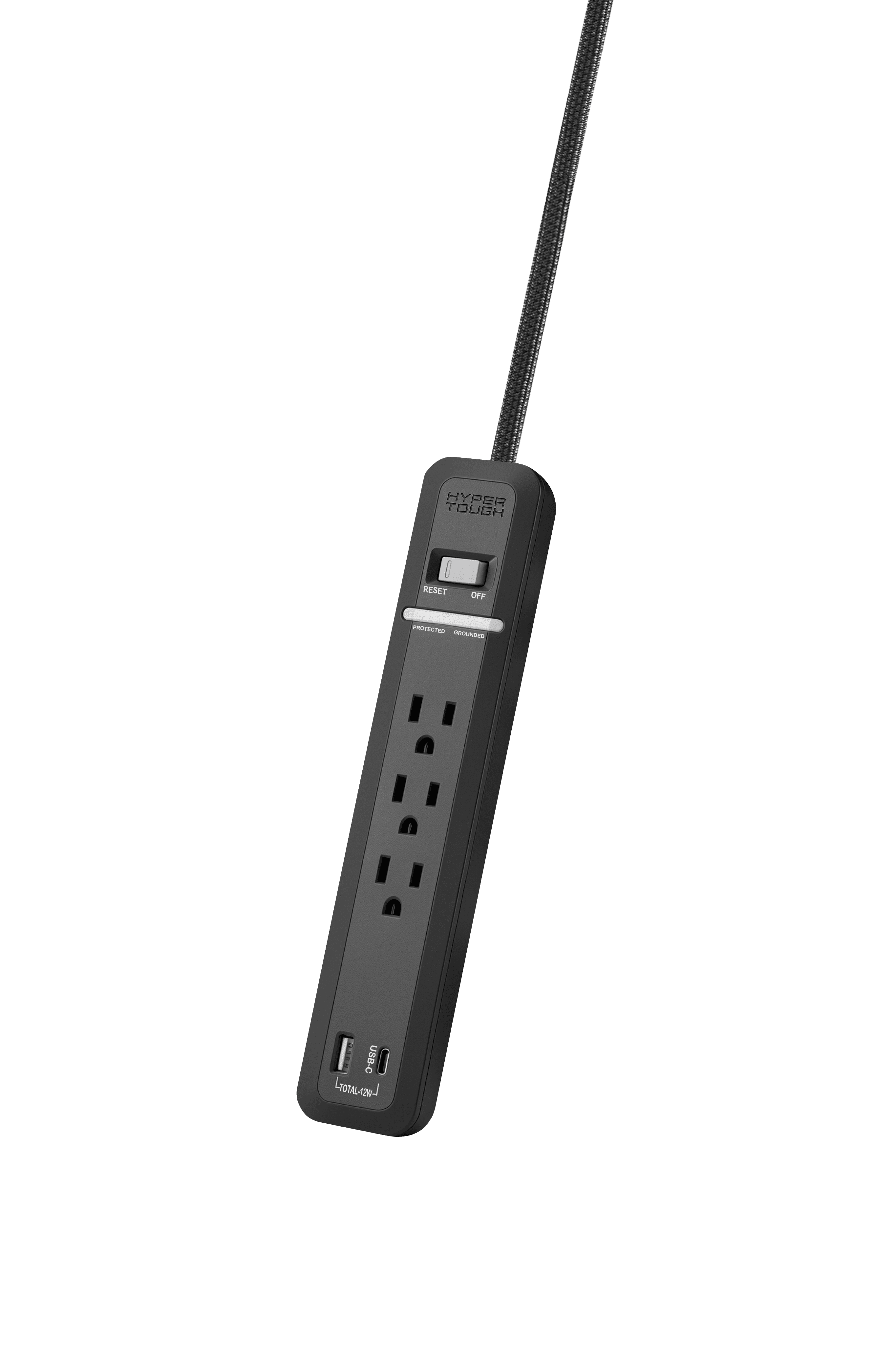 Hyper Tough 3-Outlet Power Strip with USB-A & USB-C, 6 Ft Extension Cord, Black
