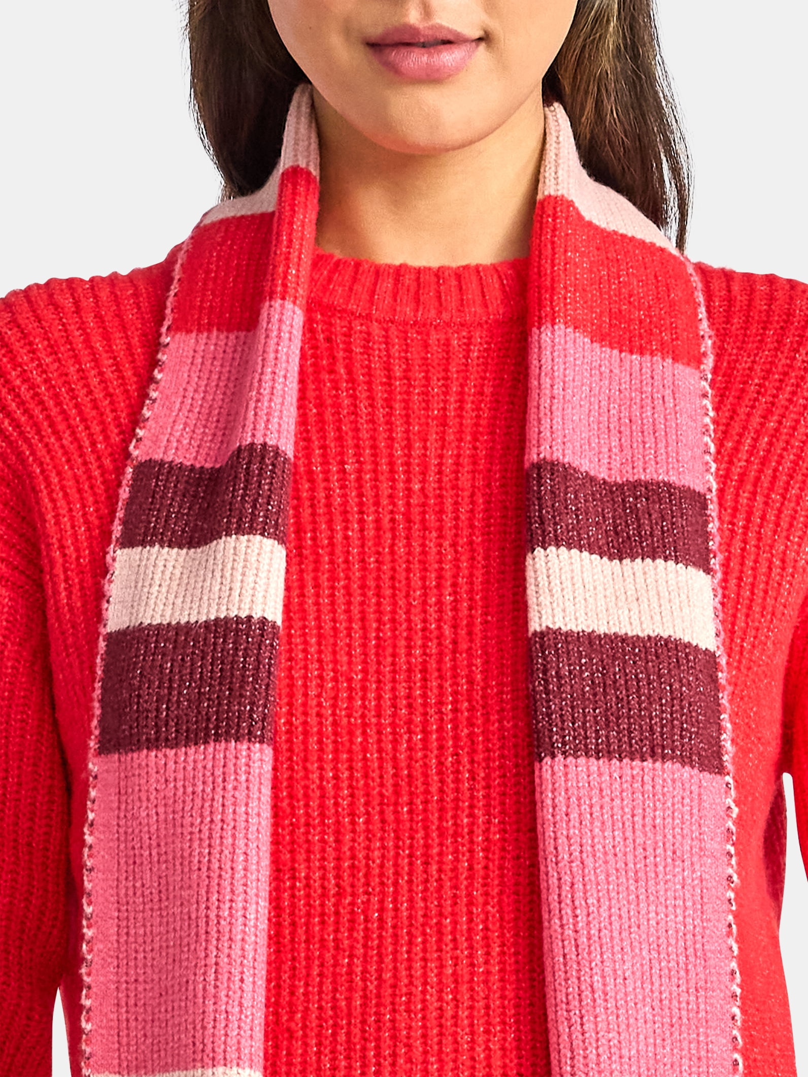 Time and Tru Women's Ribbed Crewneck Sweater and Stripe Scarf Set, 2-Piece, Sizes XS-XXXL