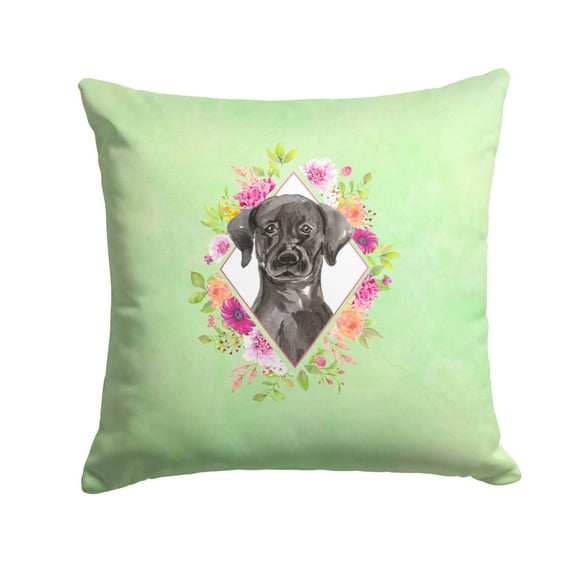 Black Labrador Green Flowers Fabric Decorative Pillow