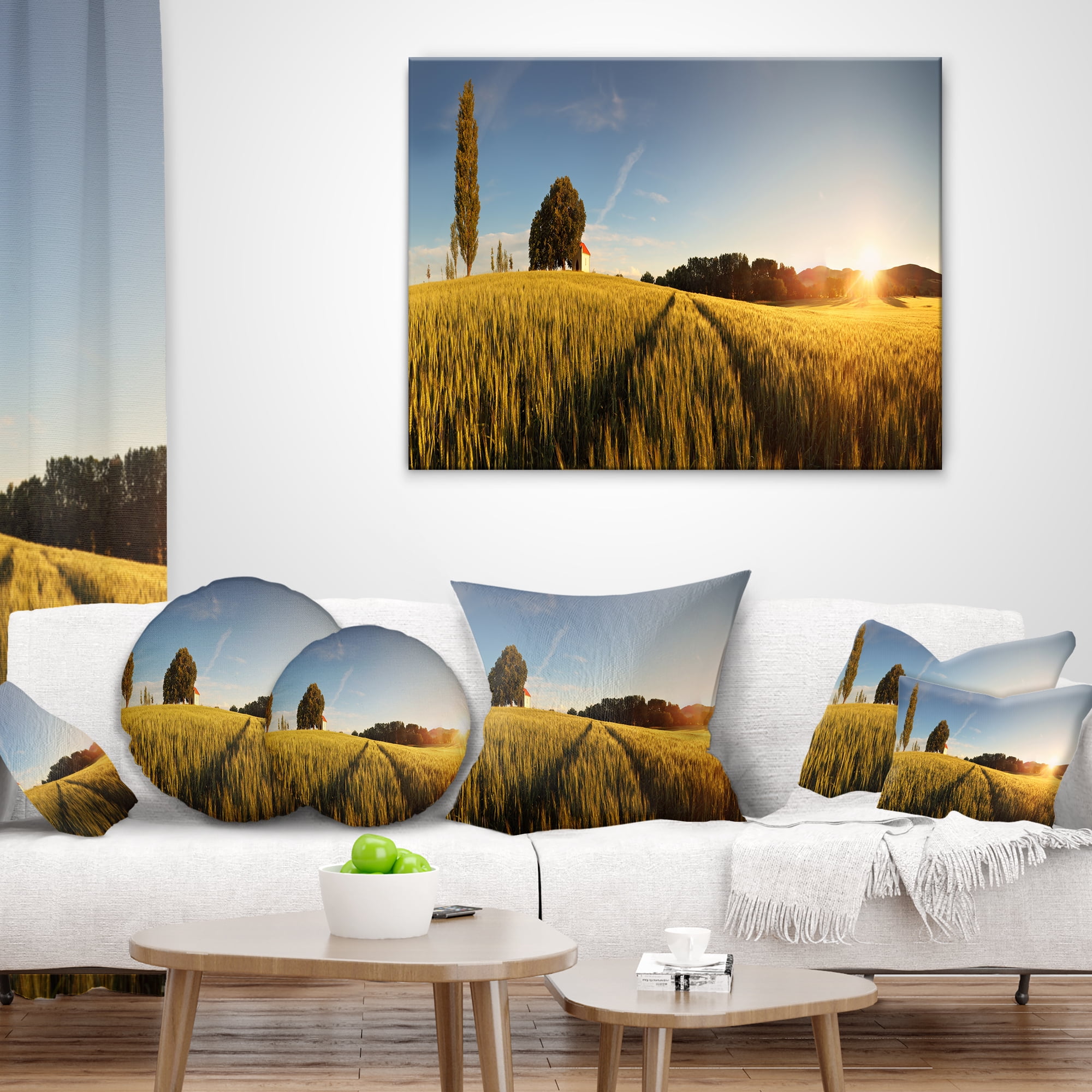 Designart Sunset Over Wheat Field in Slovakia - Photography Throw Pillow - 18x18