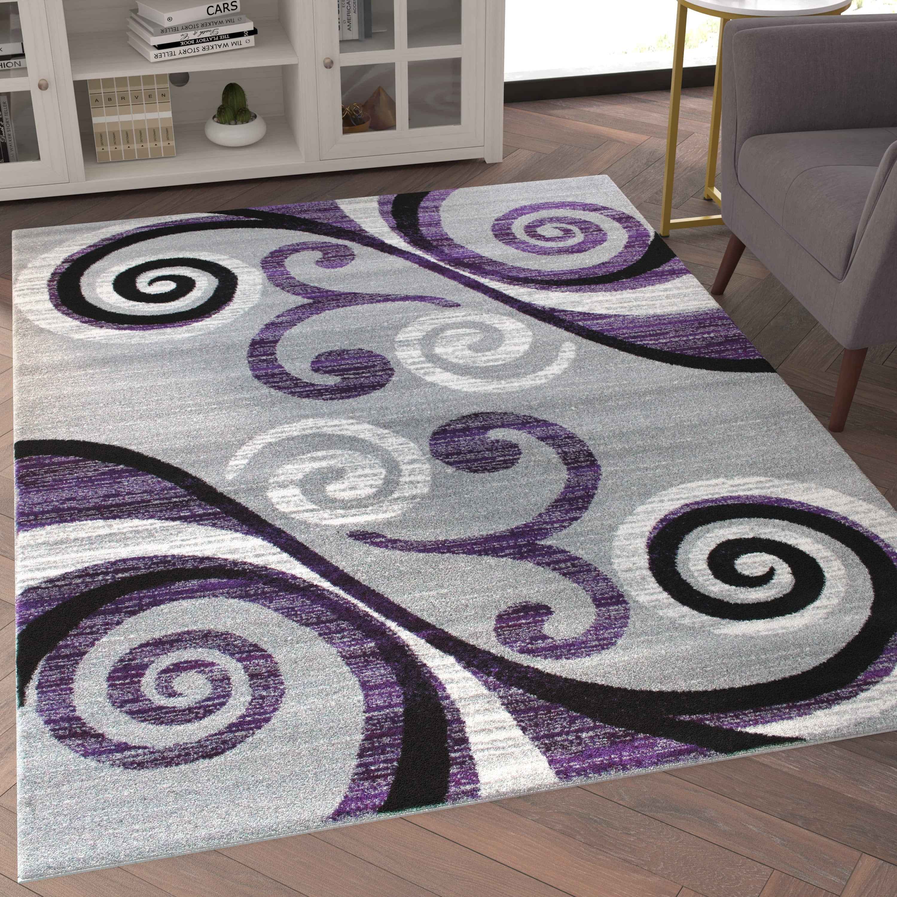 Emma + Oliver 5x7 Scraped Look Ultra Soft Plush Pile Olefin Accent Rug in Purple, Gray, Black and White Swirl Pattern, Jute Backing