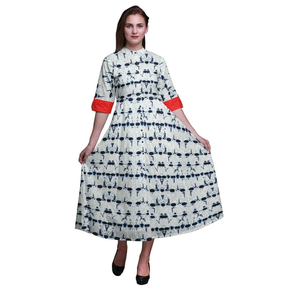 Bimba Shibori Printed Roll Up Sleeves Button Down Mid-Calf Women Shirt Dress-Small