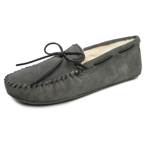Minnetonka Sheepskin Soft Leather Sole Moccasin Mens Slipper 15 US GreySuede