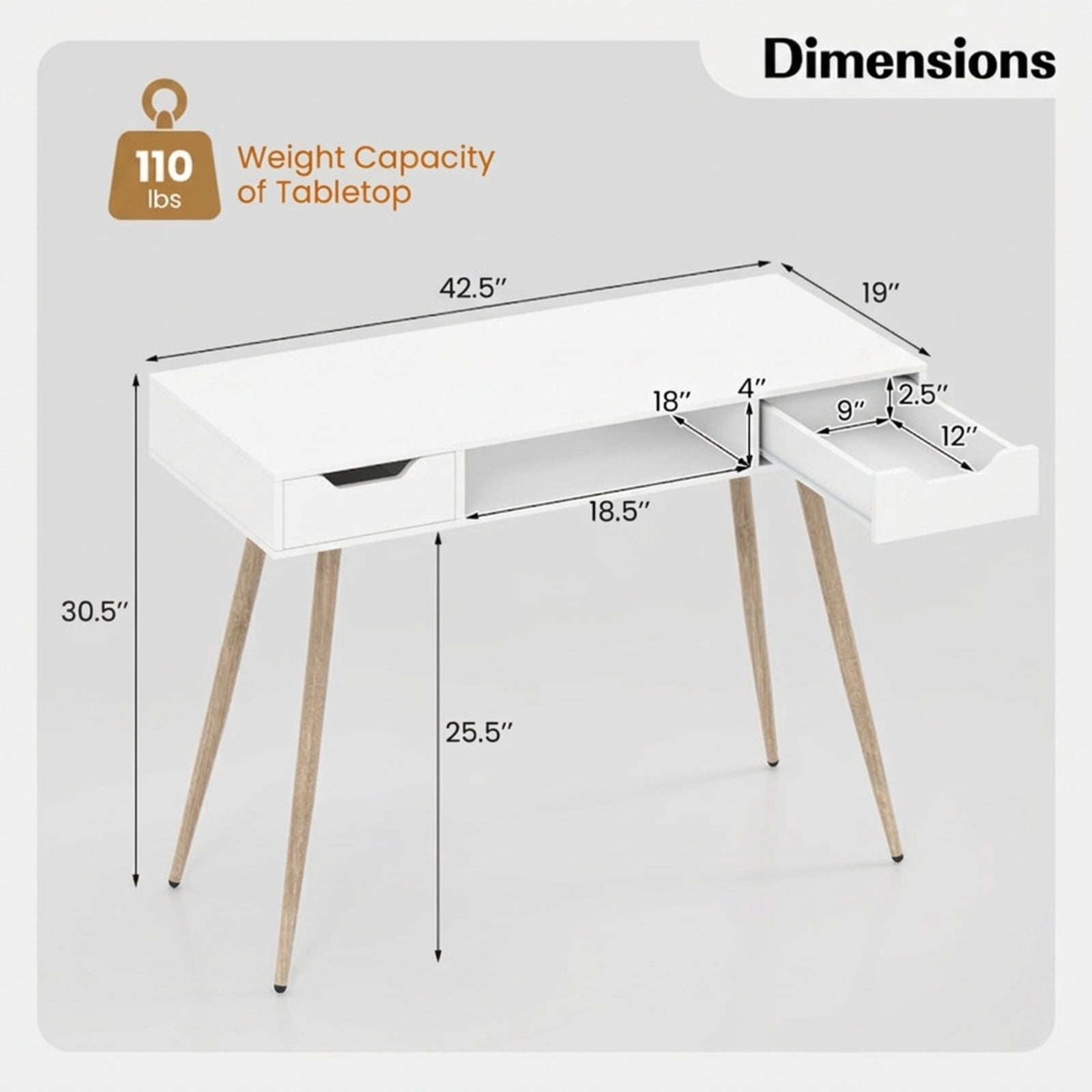 Furnibear 42.5 Inch Mid Century Modern Writing Desk With Metal Legs and 2 Drawers, White Desk With Open Compartment for Bedroom, White