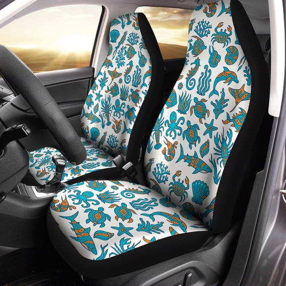 Ocean Sea Life Car Seat Covers – Cute Marine Animals Pattern Auto Seat Protectors, Coastal Beach Style Vehicle Interior Decor
