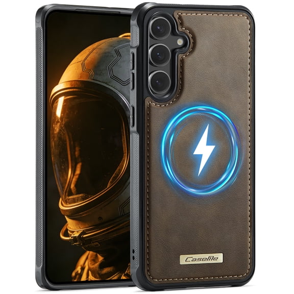 Magnetic For Samsung Galaxy S24 FE Phone Case,Compatible with Wireless Charging,Anti-Scratch Retro PU Leather Back Design,Ultra Slim Shockproof Hybrid Protection,Durable Thin Phone Case,Coffee