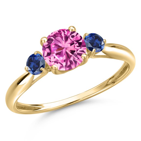 Gem Stone King 10K Yellow Gold Pink Created Sapphire and Blue Created Sapphire 3-Stone Ring for Women | 1.28 Cttw | Round 6MM | Gemstone September Birthstone | Size 7