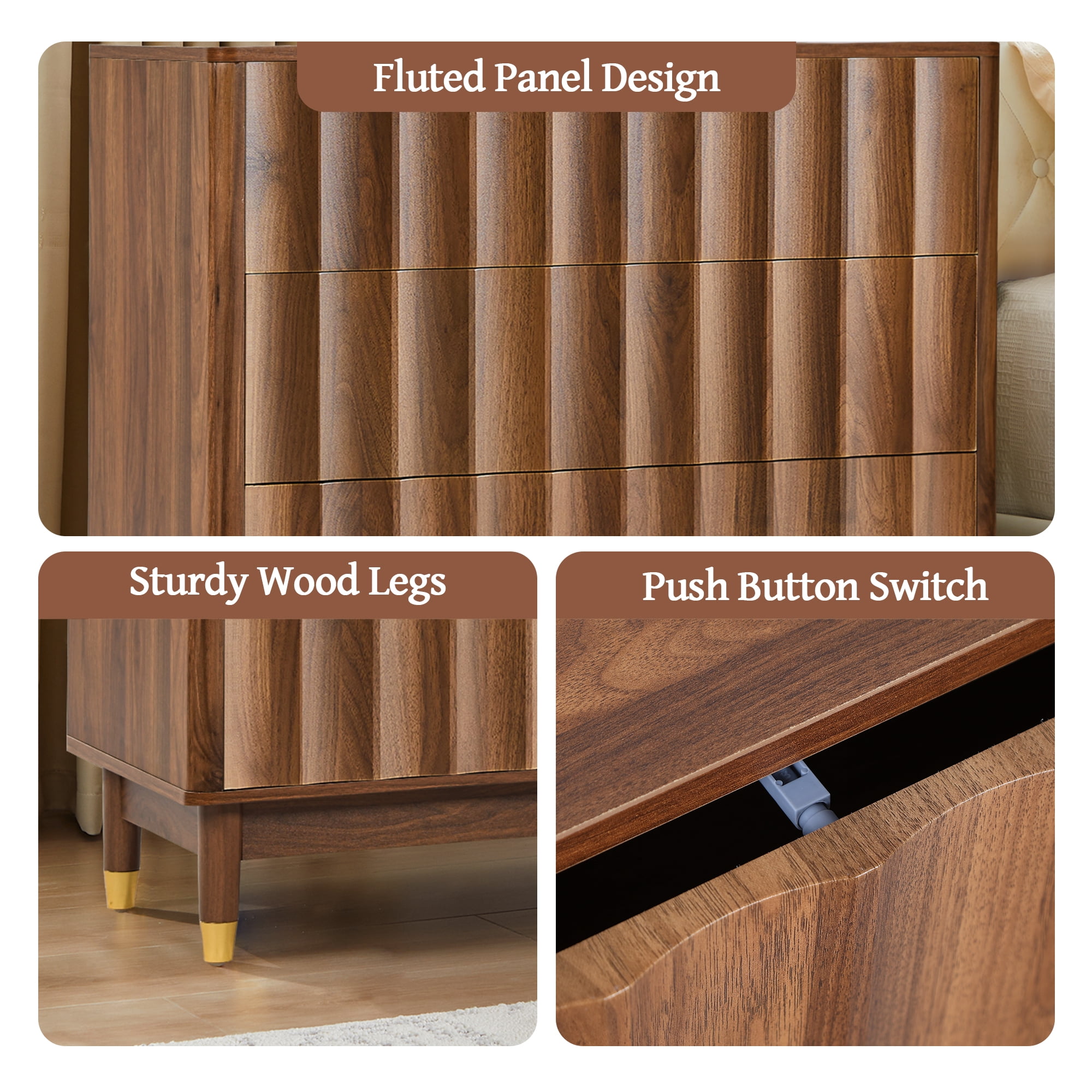 LEFHDA 31.5" Dresser Fluted 3 Drawer Dresser, Small Modern Chest of Drawers, Wood Storage Dressers Organizer Storage Cabinet for Bedroom Living Room Hallway Entryway