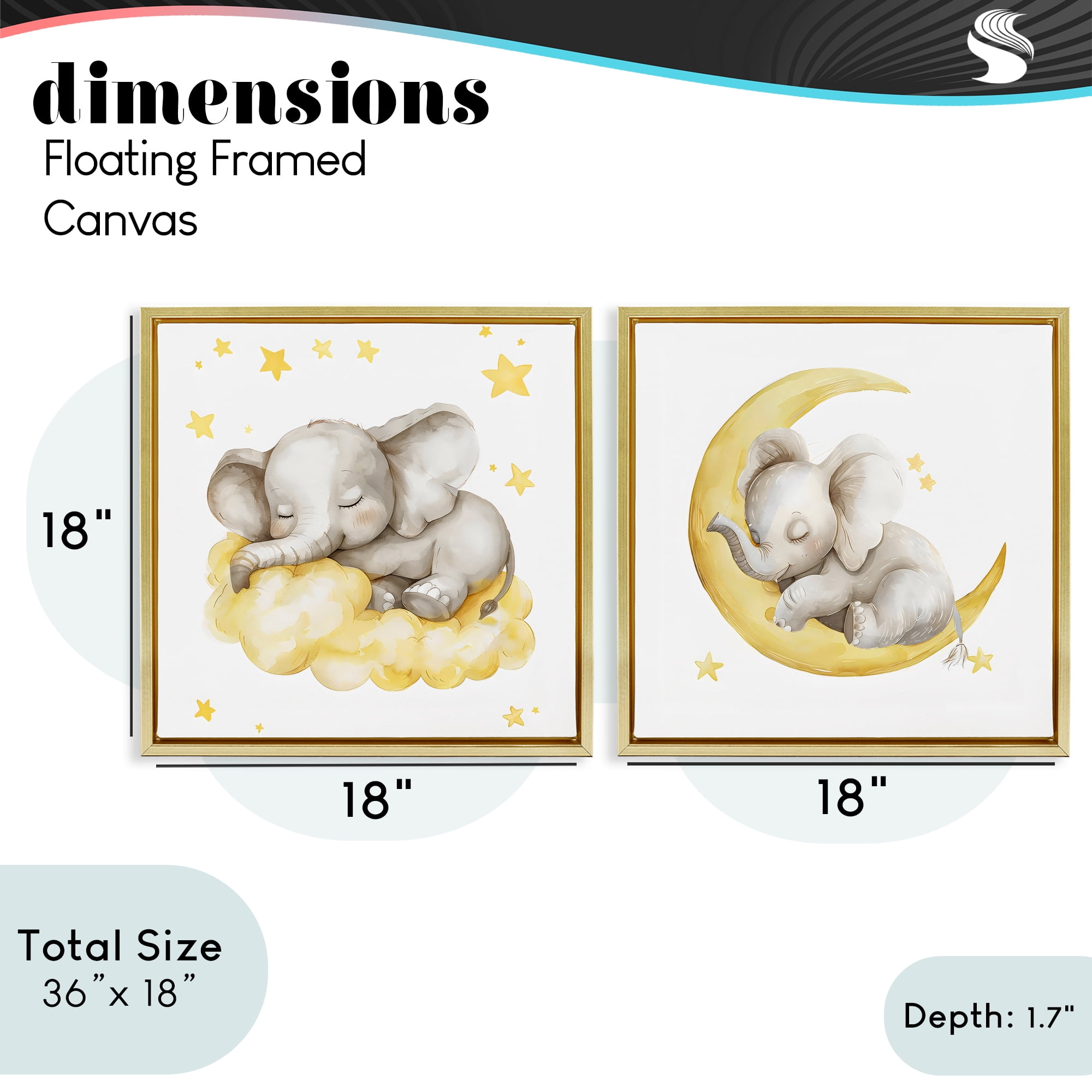 Stupell Industries Sleeping Elephant Moon and Clouds 2 Piece Gold Framed Floater Canvas Set, design by LSR Design Studio