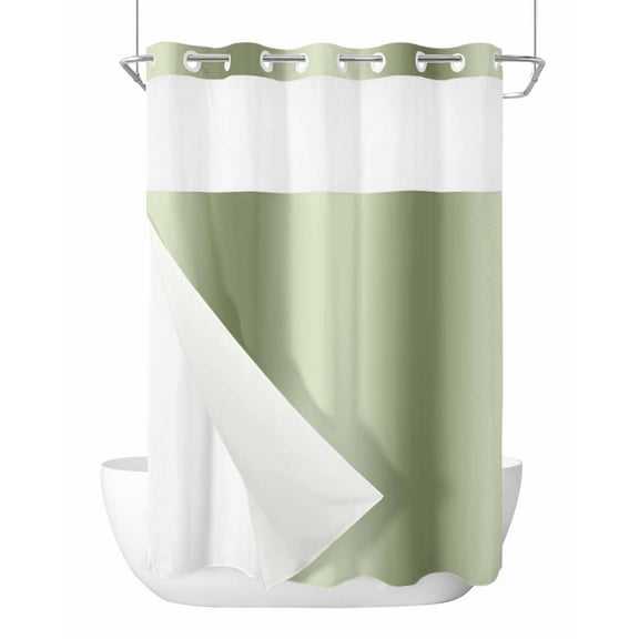 No Hook Sage Green Ombre Shower Curtain with Snap in Liner Set, Modern Abstract Art Waterproof Fabric Bathroom Curtains with See Through Top Window, Hotel Style Stall 48 x 72 Inch