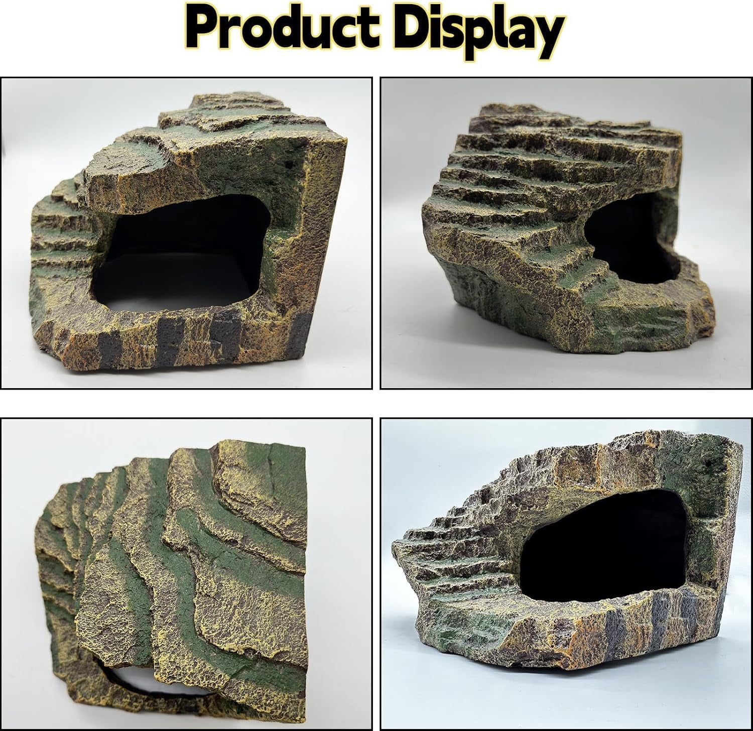 Tortoise Basking Platform, Crested Gecko Hide, Reptile Cave Hideout with Basking Area, Tank Accessories for Leopard Geckos, Small Bearded Dragons, Frogs, Newts