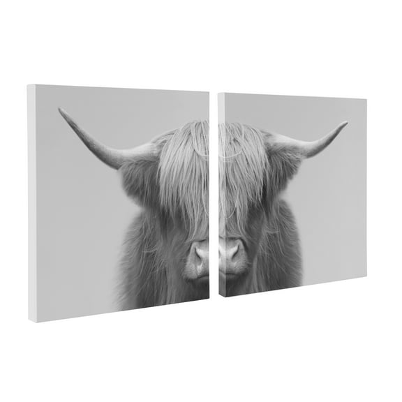 Kate and Laurel Hey Dude Highland Cow Gray Wall Art Set by The Creative Bunch Studio, 2 Piece 20 x 20 Black and White, Rustic Cow Art for Wall