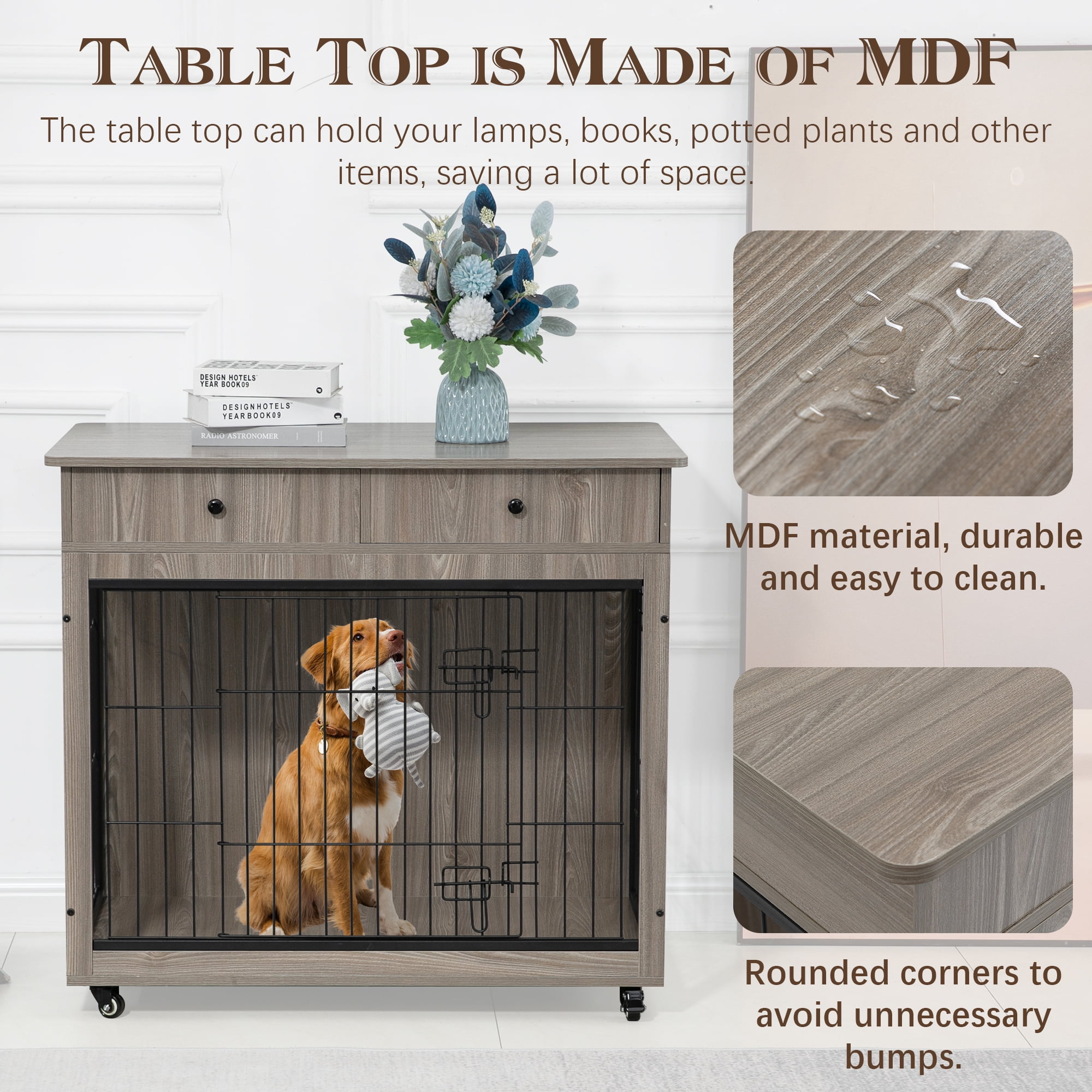 Pefilos 38" Wooden Dog Crate Furniture, Dog Kennel with Drawer, Indoor Dog House for Large Dog, Steel-Wire Dog Cage, Chew-Proof, Gray Pefilos 38" Wooden Dog Crate Furniture, Dog Kennel with Drawer, Indoor Dog House for Large Dog, Steel-Wire Dog Cage, Chew-Proof, Gray