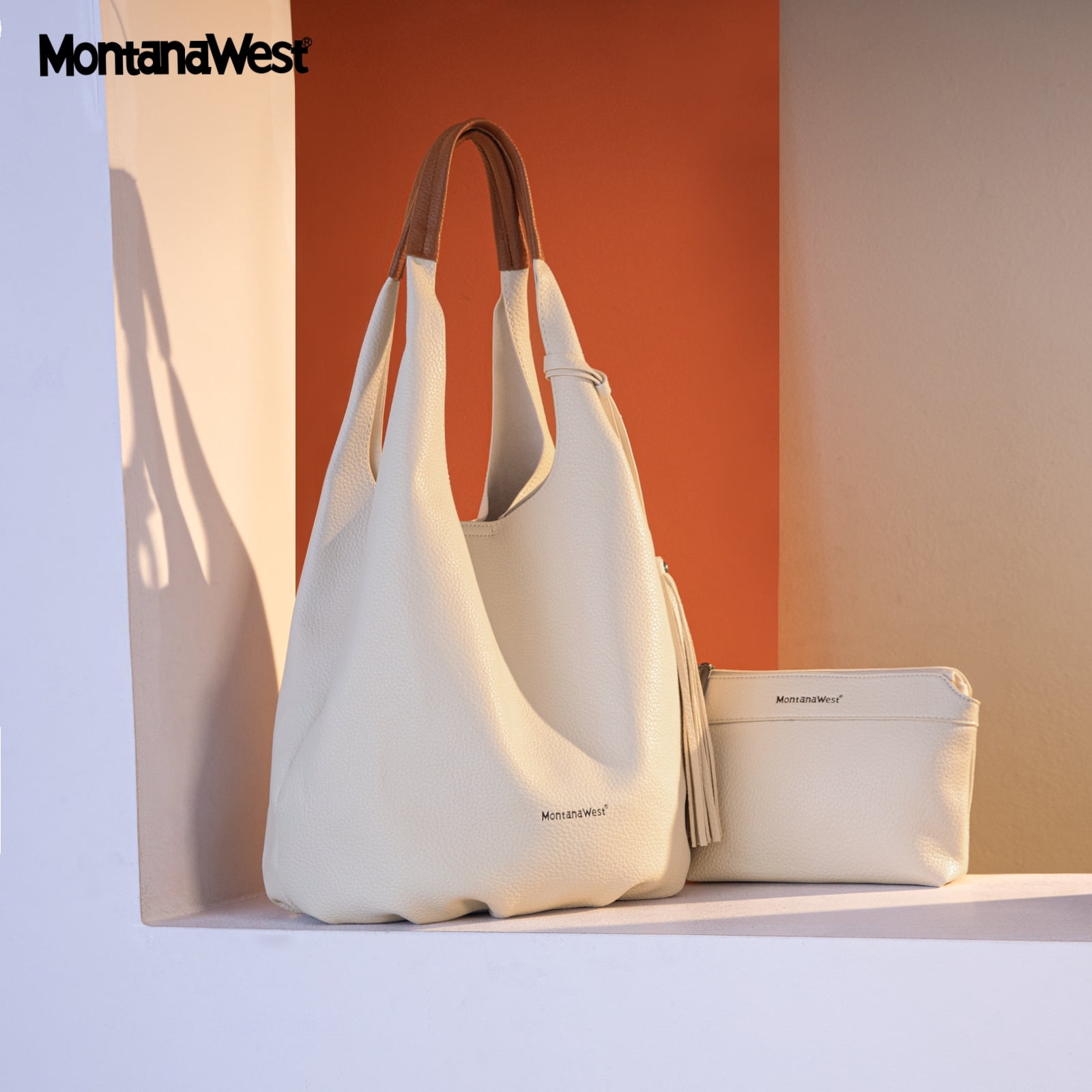 Montana West Slouchy Hobo Bags for Women 2PCS Tassels Handbags Shoulder Bag Set with Comestic Bag, Beige