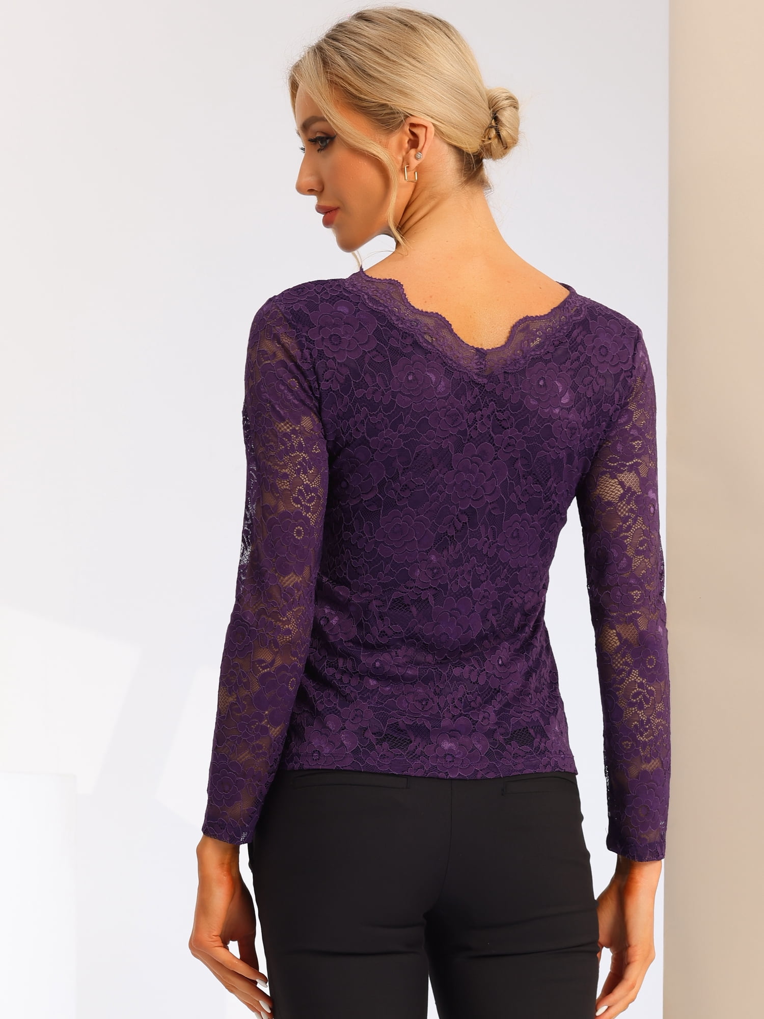 DARING DIVA Floral Lace Shirt Lace Scalloped Trim Blouse L Purple
