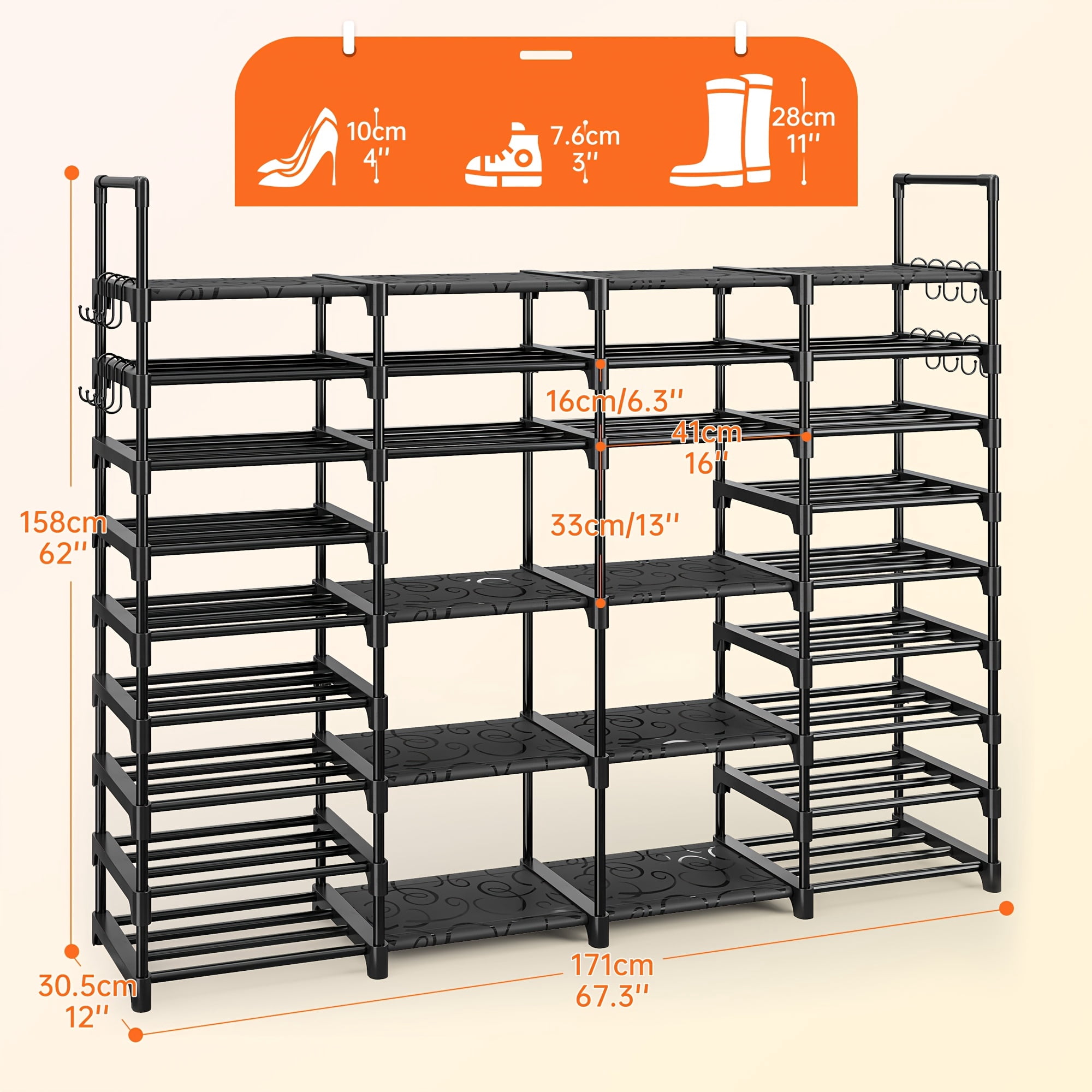 Storvive 9 Tiers Large Shoe Rack, 4 Columns Metal Shoe Storage Organizer, Holds up to 70 Pairs (62 inches, Black)