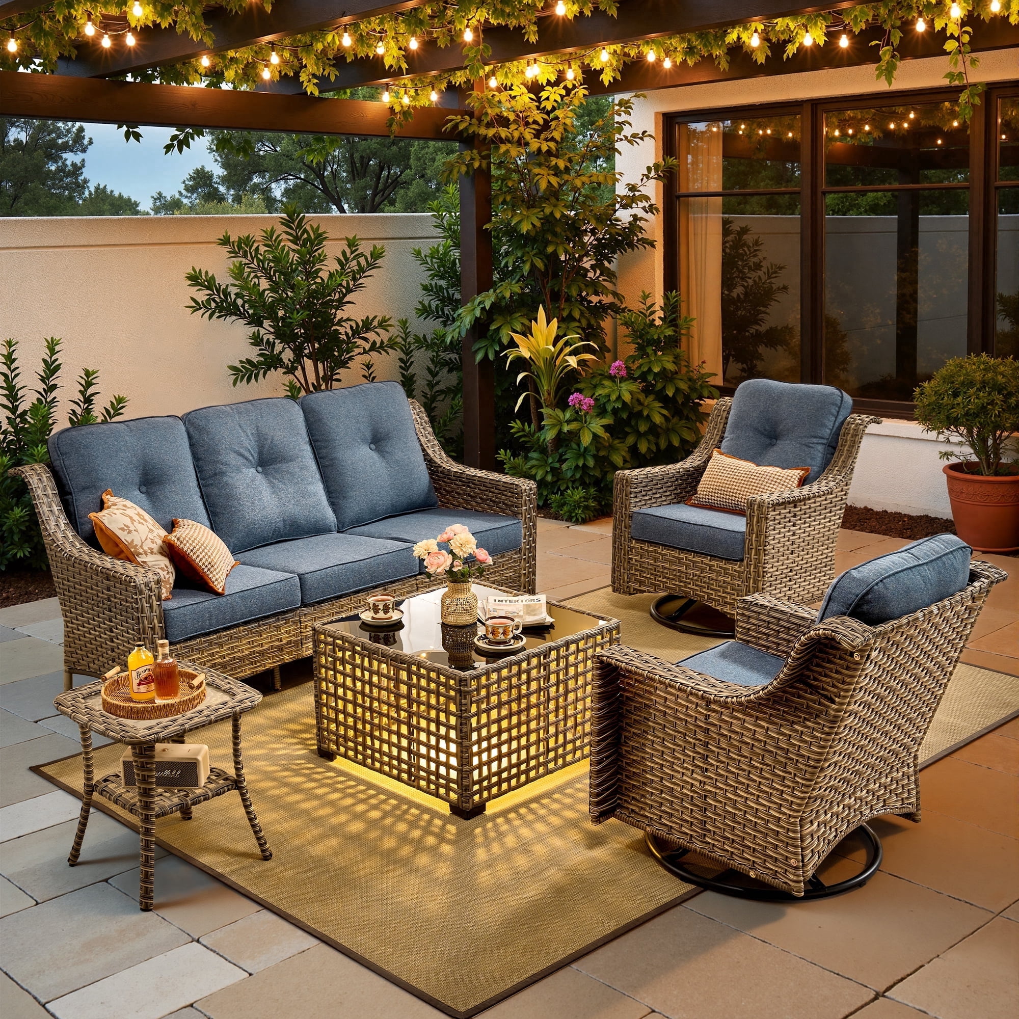 XIZZI Outdoor Furniture Patio Furniture Set 5 Piece Patio Conversation Set with Solar Coffee Table,Swivel Rocking Chair,Side Table-Denim Blue
