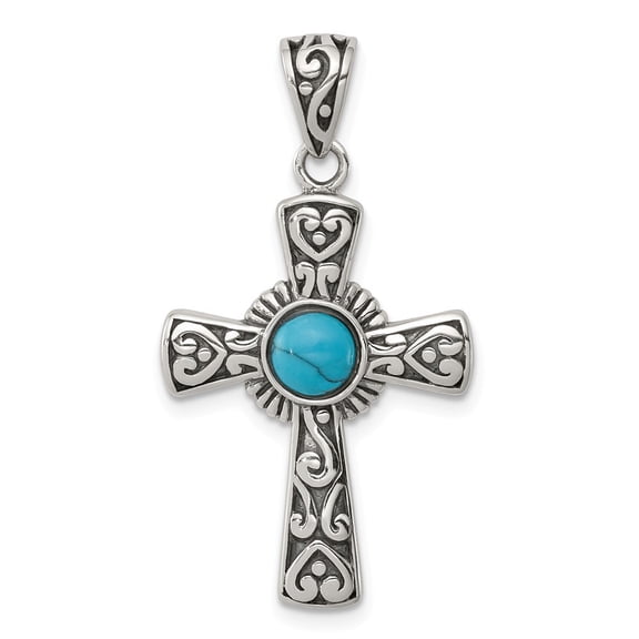 925 Sterling Silver 18 Inch Antiqued Simulated Turquoise Cross Necklace - 26x19mm