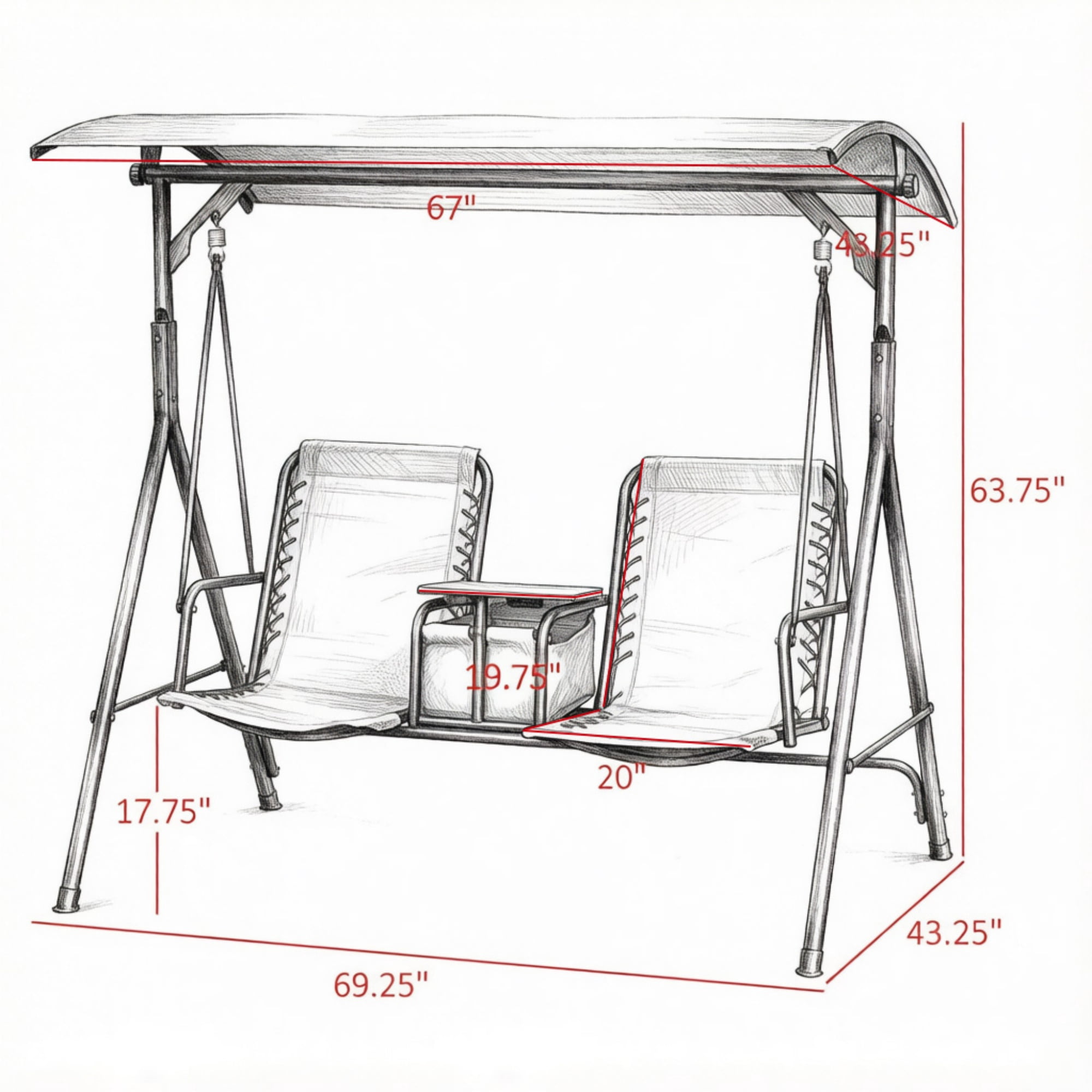 2-Seat Porch Swing with Adjustable Canopy, Built-in Storage Table & Cup Holders for Backyard, Beige