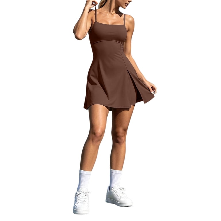 brown athletic dress Womens Womens Spaghetti Strap Tennis Dress with Shorts Workout Side Slit Active Golf Dresses(Grey,L) Color:As picture Ann Taylor Dress Womens stretchy athletic dress features D210028